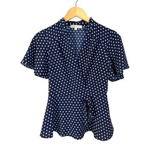 Monteau Los Angeles Navy White Polka‎ Dot Flutter Sleeve Peplum Wrap Top Size M